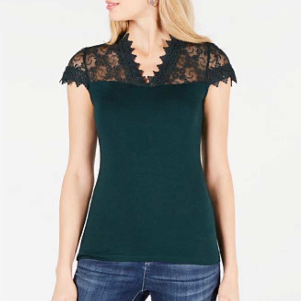 INC International Concepts Dark Teal Lace Yoke Cap Sleeve Top